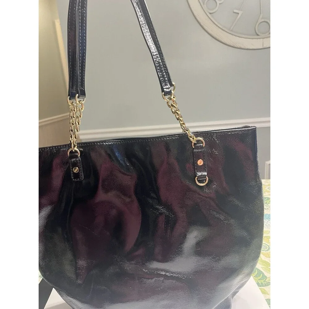 Michael Kors Jet Set Shiny Black Patent Leather Chain Tote Purse Handbag